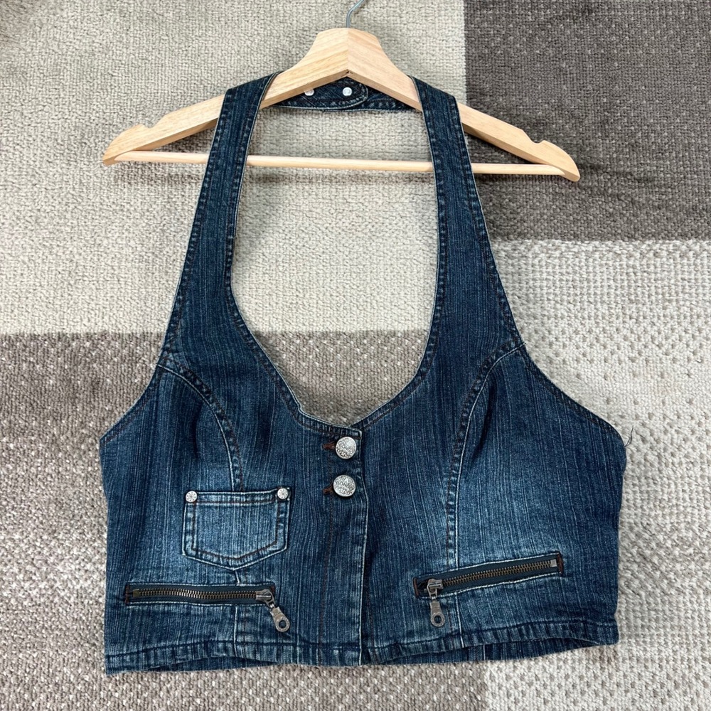 Bongo Womens XL Blue Denim Halter Vest Top Cropped Polka Dot Lining Y2K Biker